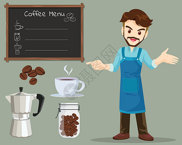咖啡師咖啡男咖啡卡通片咖啡店黑板杯子服务插图店铺职员服务员设计图片