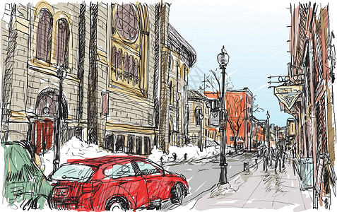 加拿大魁北克省城镇街道的城市景观素描 有雪商业卡通片大街旅行中心绘画铅笔艺术海报街道设计图片
