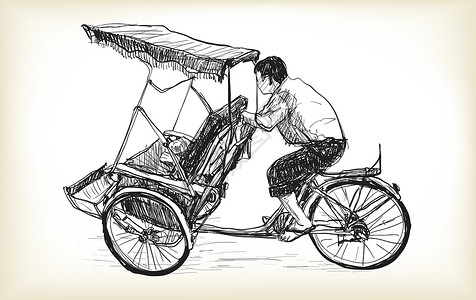 越南河内的三轮车出租车素描自由手绘插图设计图片