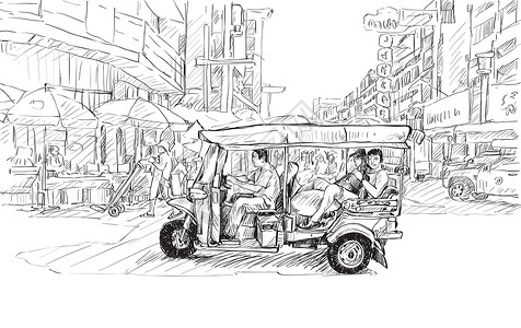 泰国清迈城市泰国清迈素描城市景观展示当地机动三轮车出租车明信片街道假期草图吸引力旅游旅行文化绘画设计图片