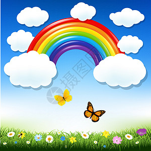 彩虹款式图形彩虹和草植物卡通片花瓣花朵蝴蝶树叶花园场地天空绘画设计图片