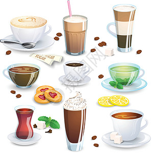 饼干和饮料一套不含酒精的饮料 - 花草茶热巧克力拿铁咖啡和热饮的少量添加物 矢量在白色设计图片