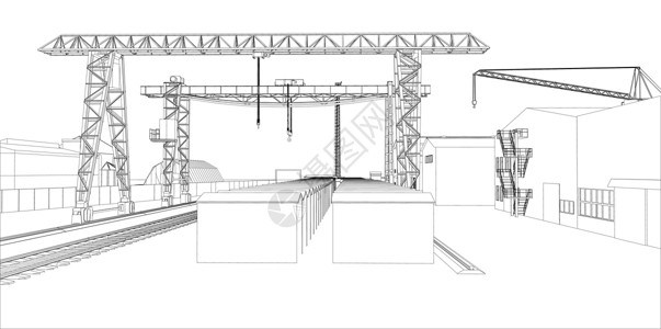 有大厦和起重机的工业区活动工程天际插图工业建筑物白色草图黑色框架图片