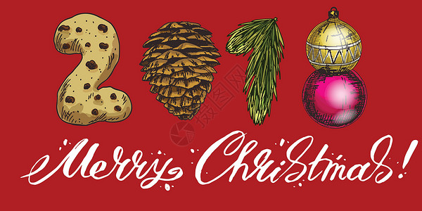 纤巧2018年新年 冬卡 配有甜筒 饼干 树枝和圣诞树玩具 矢量图像 圣诞快乐设计图片