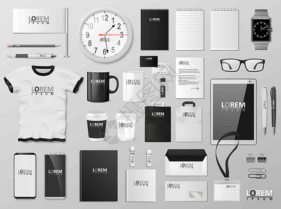眼镜店铺企业品牌标识模板设计 现代文具样机黑色和白色 商业风格的文具和文档 矢量图设计图片