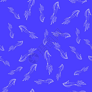 孜然鱿鱼蓝色背景上的欧洲鱿鱼剪影无缝图案 可爱的海鲜 动物在水下 海怪设计图片