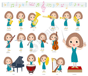 巴松管鲍勃头发绿色连衣裙女性经典音乐设计图片