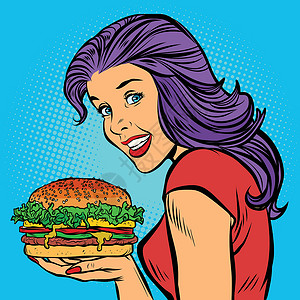 吃烧烤女孩汉堡奶酪烤肉沙拉 饥饿的女人吃快餐设计图片