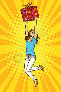 跳起来的欢乐的年轻姑娘 带着礼物跳起来设计图片