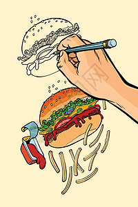 手切牛肉艺术家的手画汉堡 薯条和番茄酱设计图片
