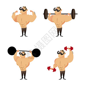 男子哑铃运动坚固的肌肉运动健体建筑机组 卡通字符男人插图举重杠铃身体强人胸部健身房哑铃主义设计图片