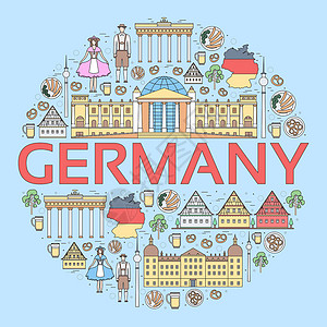 纽伦堡国家德国旅游度假指南的好去处和特点 一套建筑人文化图标背景概念 用于网络和移动设备的信息图表模板设计 细线样式香肠男人历史性旅行设计图片
