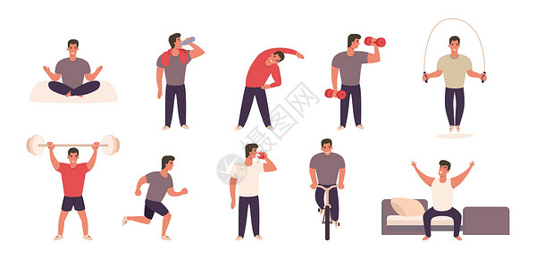 套路贷从事不同运动和体育活动的男子参加各种体育运动的人食物瑜伽套路生活运动员时间男人居住跑步插图设计图片