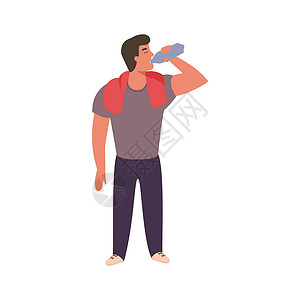 吞咽运动青年男子从瓶子里取来饮用水讲师身体毛巾矿物活动苏打培训师训练运动员活力设计图片