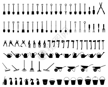 园艺黑色花洒花园工具的光影罐头喷雾器插图房子黑色斧头水桶挖掘机硬件割草机设计图片