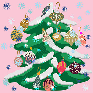 婴儿装饰美丽的圣诞树 装饰着多彩的圣诞节球设计图片