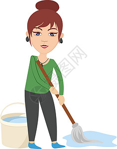 清洁桶白色 backgrou 上有清洁拖把插图矢量的女人设计图片