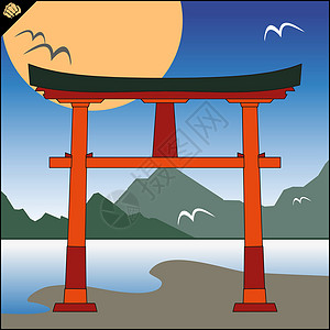日本门日本传统的forrii门 天空和山峰旅行建筑寺庙旅游木头宗教神社建筑学文化历史设计图片