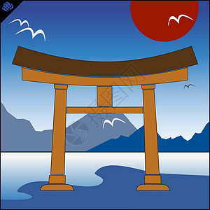 里务比岛日本传统的forrii门 天空和山峰建筑学旅游神社木头神道宗教文化建筑旅行历史设计图片
