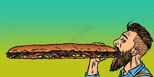 黄瓜炒火腿男人吃了一个长三明治面包漫画沙拉包子卡通片流行音乐营养野餐洋葱艺术设计图片