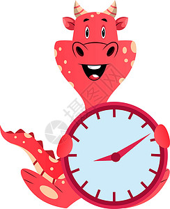 牛吊龙红龙握着一个钟表 插图 在白面包上矢量设计图片