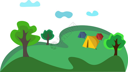 带有三个帐篷矢量或彩色病因的营地景观背景图片