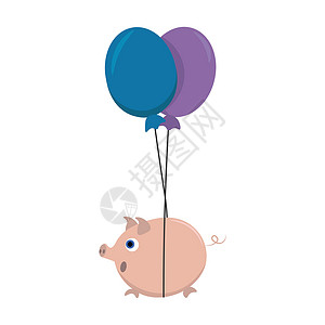 卡通紫色气球可爱的卡通图片 一头肥猪被绑在两根波纹绳子上设计图片