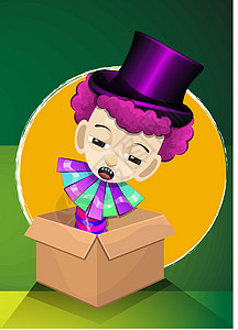 戴礼帽小丑插头插在盒子中 插图戏服想像力魔术师娱乐头发惊喜时间魔法橙子游戏设计图片