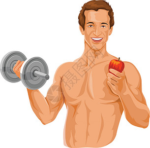 运动康养养着哑铃和苹果的健壮男人的矢量器插图食物膀子重量二头肌保健福利卫生闲暇营养设计图片