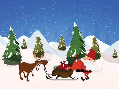 圣诞老人驯鹿圣诞快乐庆典背景假期雪橇问候横幅季节场景森林宗教节日海报设计图片