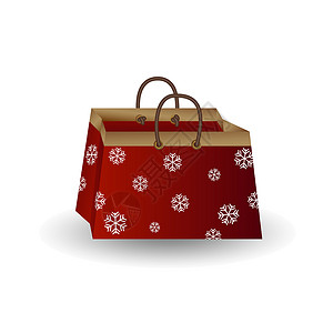 宝宝抓东西派对节日礼品袋 红纸 金丝带 装饰着白色背景上孤立的冬季雪花图案卡通片包装狂欢纪念品展示工艺娱乐丝带礼物淋浴设计图片