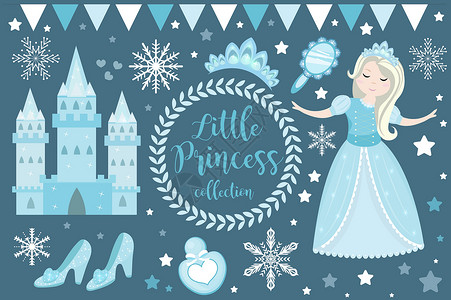 会魔法的女孩可爱的公主冷皇后对象集 冬季系列设计元素与漂亮的少女冰城堡镜子皇冠配件 孩子们婴儿剪贴画有趣的微笑字符 韦克托设计图片