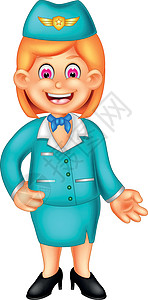 职业卡通人物可爱的空姐女人在蓝色制服卡通设计图片