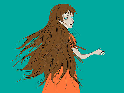 长头发漂亮的卡通女孩 长着淡棕色的长发 转过头 回头看设计图片