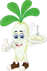 白玉萝卜白萝卜拿着植物和叉子卡通设计图片