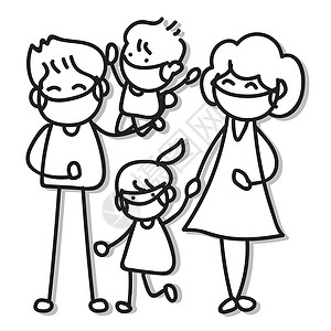 幸福卡通家庭手绘卡通人物一家人戴口罩防护面具感染卡通片老年幸福父母家庭流感发烧免疫设计图片