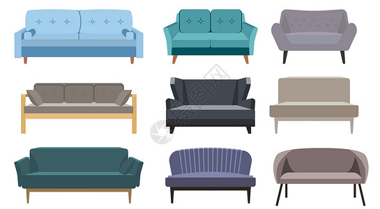 长沙发沙发套 平面样式沙发的集合 矢量卡通插画 在白色背景下隔离的室内设计舒适休息室的集合 不同型号的长椅图标设计图片
