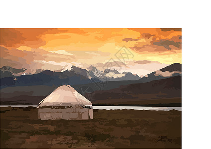 草原部落蒙古的看法 蒙古草原上的蒙古包传统蒙古民居 在背景上的山 旅行素描 刷笔图形艺术 手绘复古书籍插图明信片 韦克托冒险草地天空游牧设计图片