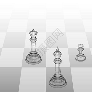 棋图标3d 框架插图棋子 kingqueen 和 pawn 在棋盘上的透视图设计图片