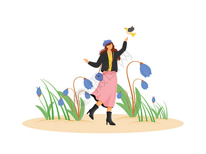 幸福的女人在外套平面概念矢量图 女性穿着春天的衣服走路 手上拿着鸟 用于网页设计的花开花落 2D 卡通人物 春天的创意ide设计图片