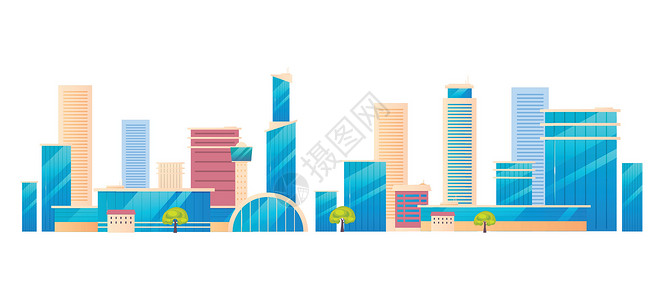现代城市大都会卡通矢量图 城市天际线平面颜色对象 在白色背景隔绝的住宅区大厦摩天大楼 商业中心设计图片