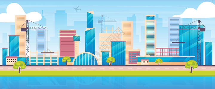 大都会天际线平面彩色矢量插图 城市建筑工地 2D 卡通景观 背景为起重机和摩天大楼 建筑业 发展中城市住宅区设计图片