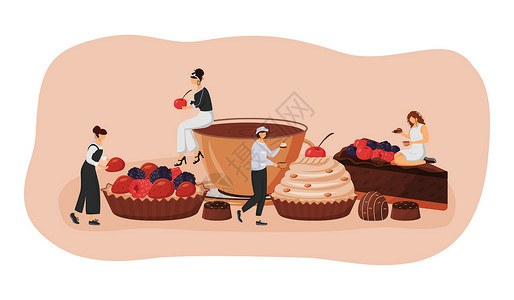 水果派蛋糕糕点平面概念矢量图 草莓和覆盆子馅饼 巧克力蛋糕切片 用于网页设计的咖啡馆访客 2D 卡通人物 优质糕点食品创意设计图片
