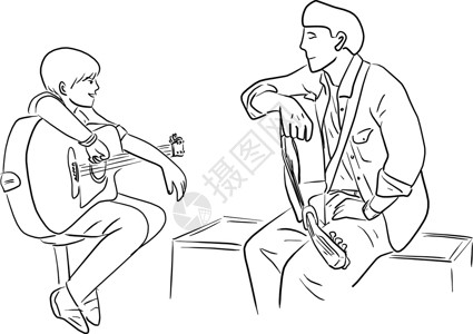 弹古筝男人父亲和他的儿子一起弹吉他矢量图素描 d设计图片