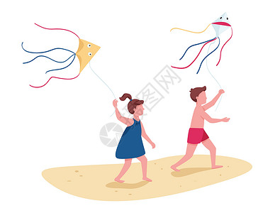 放风筝人孩子们带着放风筝的平面彩色矢量不露面的人物奔跑 儿童海滩活动 用于网页图形设计和动画的男孩和女孩夏季娱乐孤立卡通插图设计图片