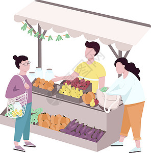 卖水果素材户外街头农贸市场平面矢量不露面人物 贸易帐篷与生态产品 买家为网页设计和动画选择天然和有机分类的独立卡通插图设计图片