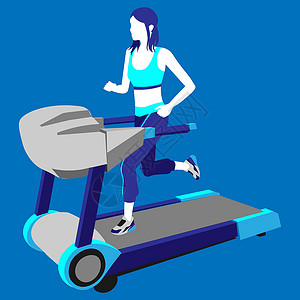 年轻女性健身房使用跑步机跑步在跑步机上奔跑的无脸女孩的彩色插图设计图片