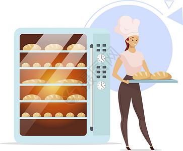 切面团面包店平面彩色矢量图 烤箱旁边的女面包师 烘焙产品 面包生产 烤店 食品工业 厨师帽的女人 白色背景上的孤立卡通人物设计图片