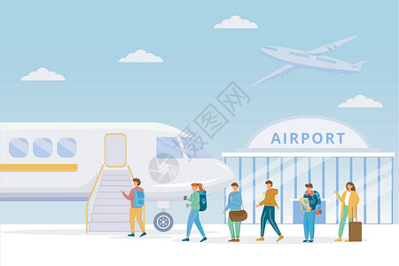 乘客登机平面矢量图 飞机场 机场的人 旅游者乘坐包机飞行 男人和女人爬上飞机卡通人物的斜坡设计图片