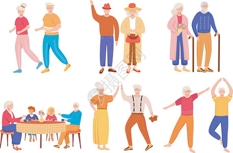 奶奶和孙子孙女退休人员平面矢量插图集 老年家庭设计图片